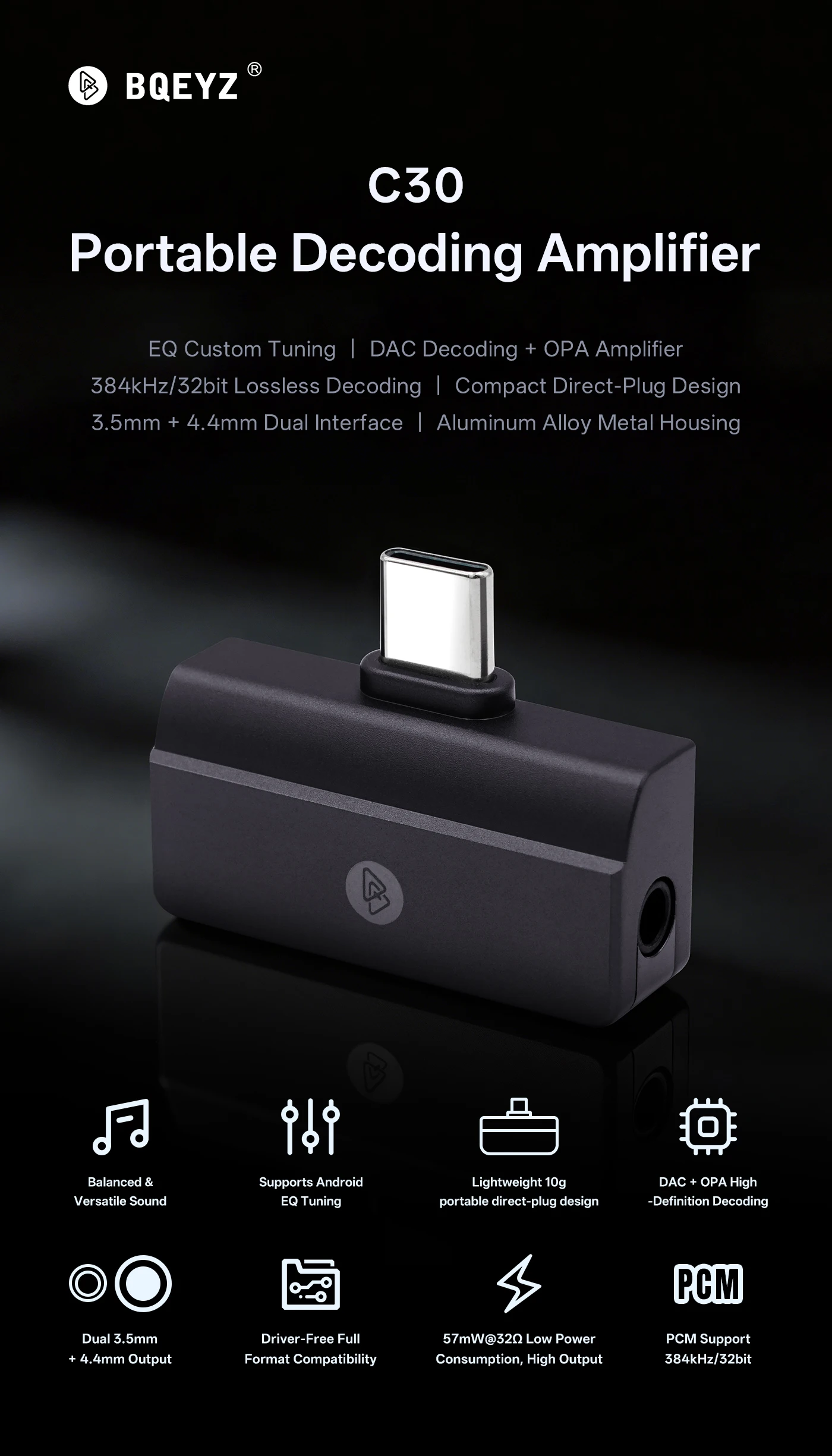 BQEYZ C30 Mini tragbarer IEM DAC, Kopfhörerverstärker, USB- und Typ-C-zu-3,5-mm-/4,4-mm-Ausgang, Mini-Audioadapter für Android/iOS/Windows – Detail 1