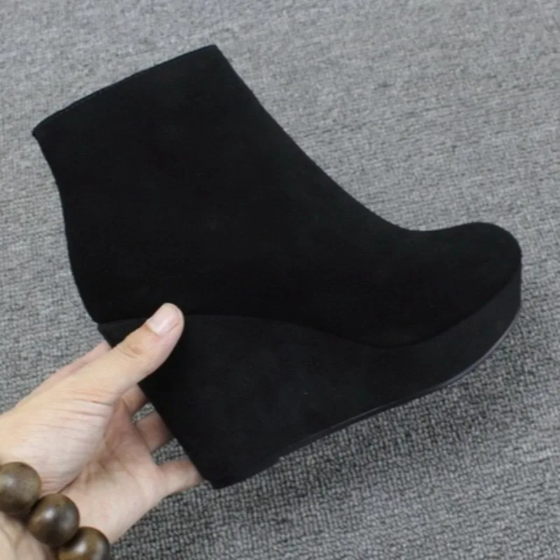 Platform Women High Heels Wedges Ankle Boots 2025 Winter Suede Designer Shoes Fashion Elegant Short Boots Dress New Trends Pumps