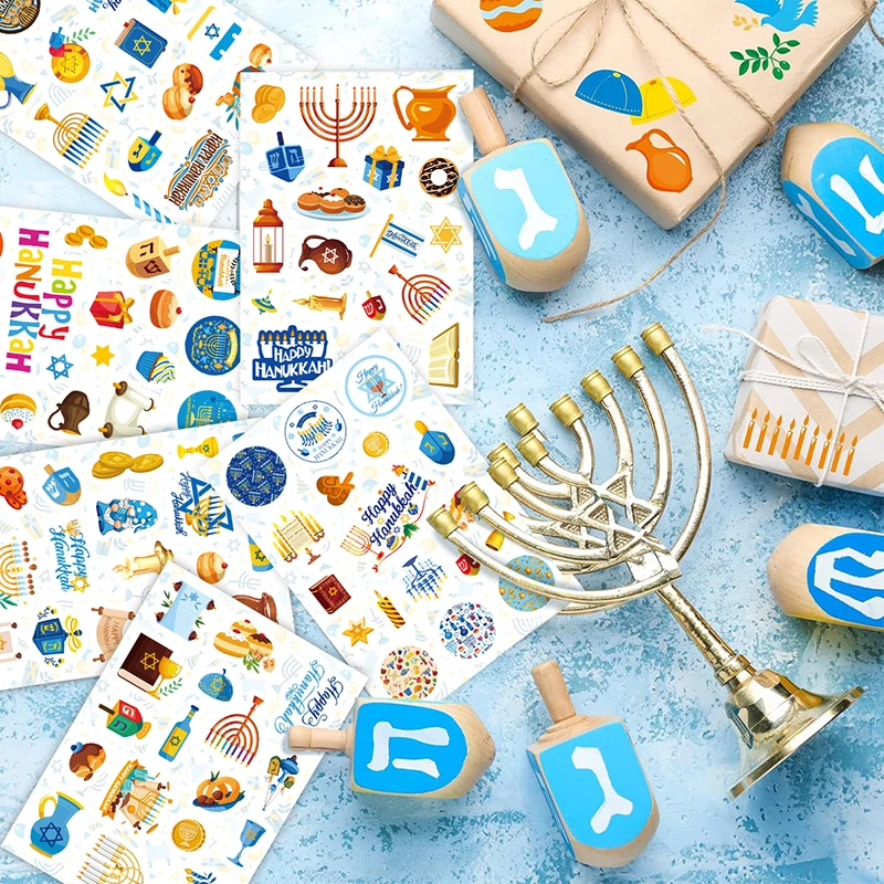 6/12sheets Happy Hanukkah Stickers Jewish Candles Paper Seal Labels for Gift Box DIY Decoration Kids Hanukkah Party Supplies