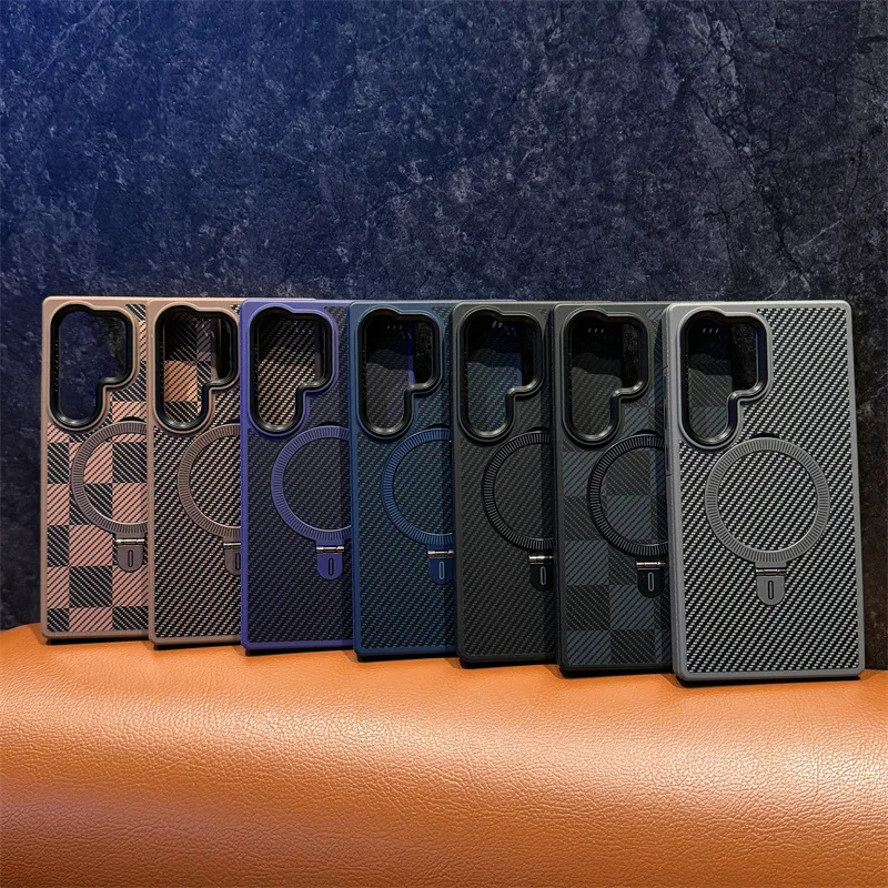 

Titanium Gold Carbon Fiber Holder Magnetic Case for Samsung Galaxy S25 S24 Ultra For Magsafe Charging Shockproof Hard Cover
