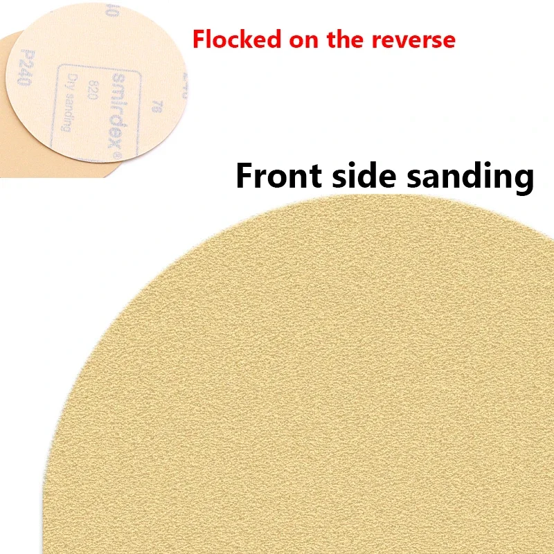 Discos de lixa de areia flocados amarelos, 5 polegadas (125mm), 60-800 grãos, papel de areia redondo autoadesivo para polimento de ferramentas abrasivas