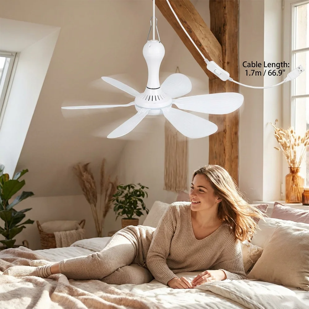 USB Six-Blade Silent Small Ceiling Fan, Hangable Mini Breeze Mosquito Net Fan, Portable Low-Voltage Micro Ceiling Fan for Student Dormitory, Bed, Tent, Camping, Car, Low Noise, Gentle Wind, Small Fan for Hanging on Bed