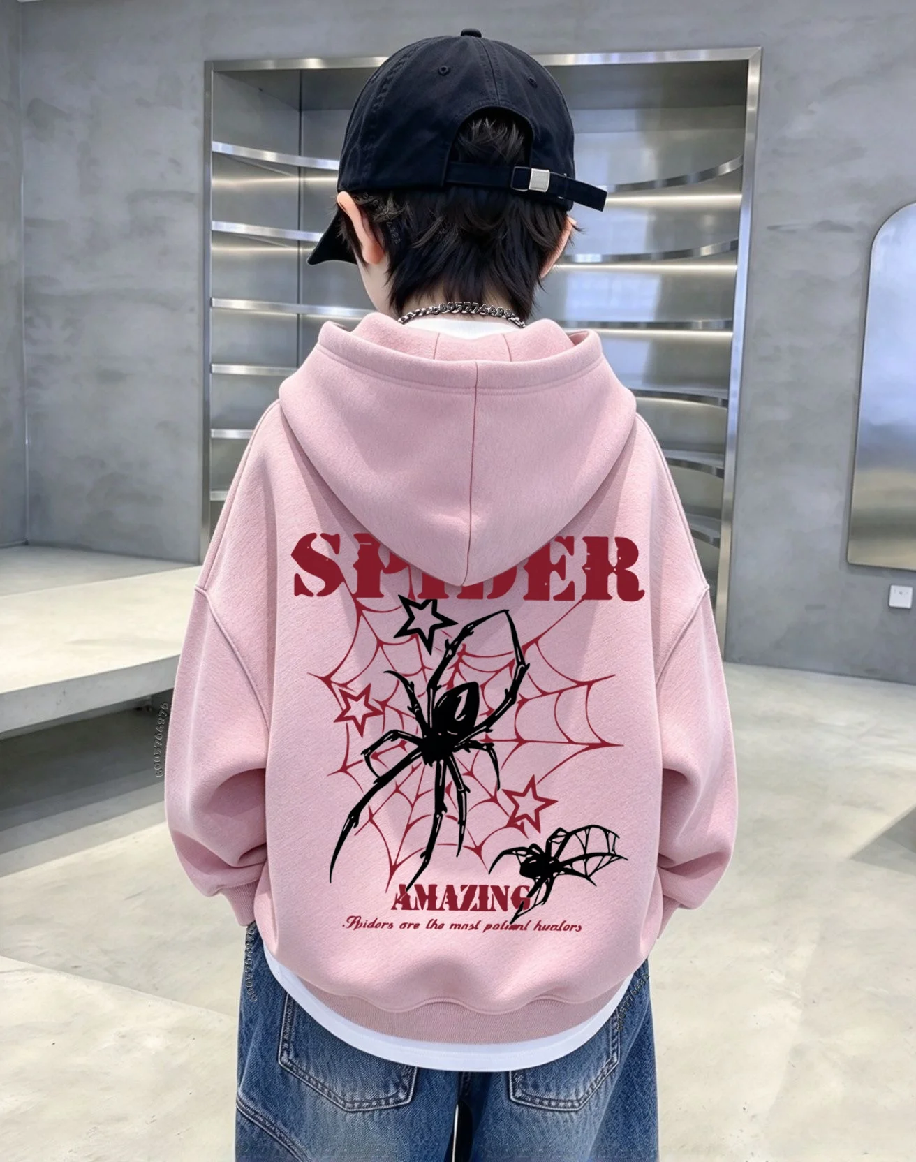 Latest model Retro Spider Web Star Print Kids Zip Hoodie Winter Boys Girls Streetwear Hooded Jacket Long Sleeve Sweatshirt