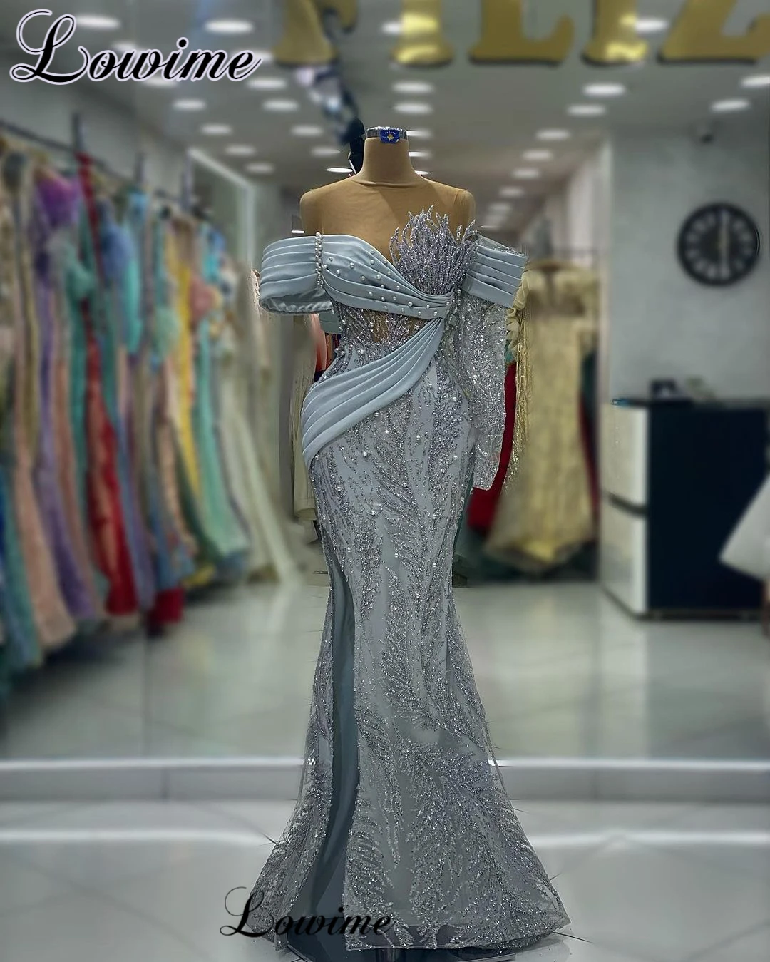 Vintage Gray Celebrity Dresses Mermaid Off Shoulder Evening Gowns With Pearls Vestidos De Gala Wedding Guests Dresses For Women