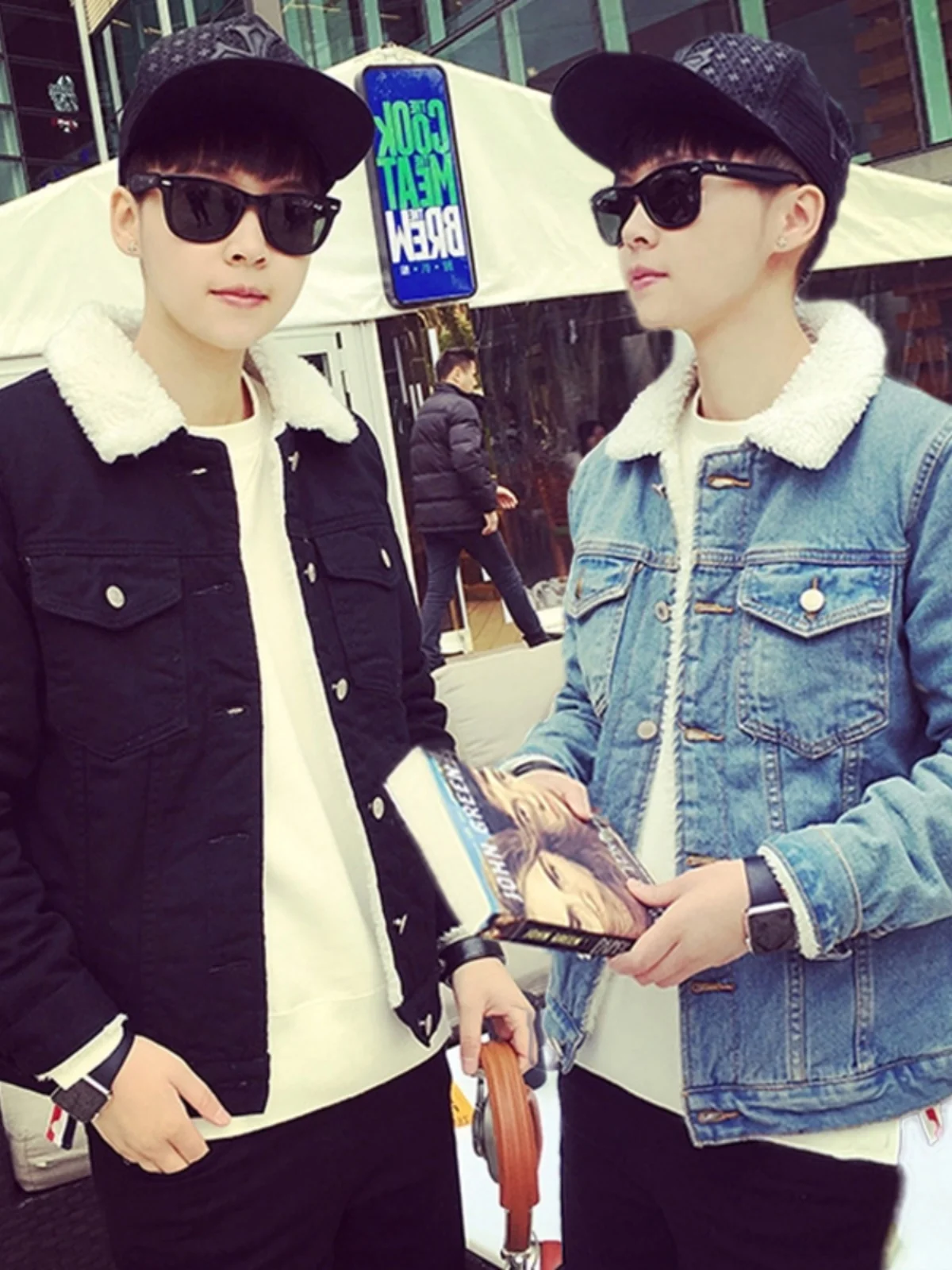 

Зимний шикарный джинсовый джинсовый джинт на подкладке из меха ягненка для мужчин, корейский свободный крой, модный хлопковый джинт, молодежный модный верх...