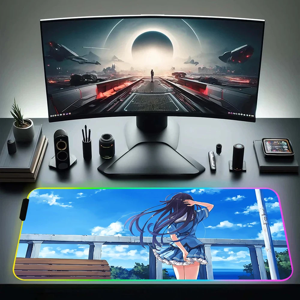 

Cartoon Game Blue Archive RGB Pc Gamer Keyboard Mouse Pad Mousepad LED Glowing Mouse Mats Rubber Gaming Computer Mausepad Funda