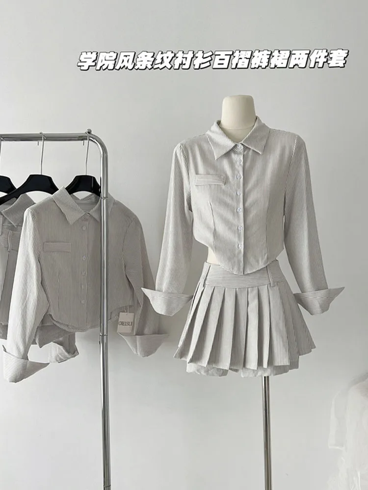 

Preppy Style Outfits 2 Piece Skirt Set Gyaru Polo-Neck Striped Shirts Classical + Grey Hight Waist Pleated Skirt High Quality