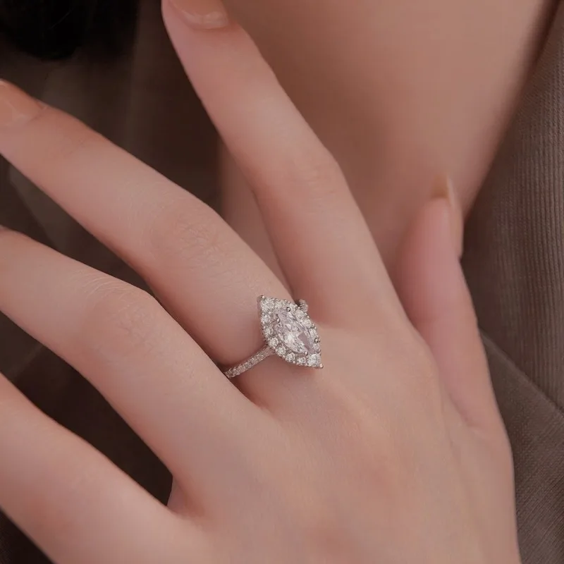 جديد S925 فضة عين الحصان الأبيض الزركون الماس مرصع خاتم أنيق شخصية خاتم الزواج خاتم المرأة بسيط