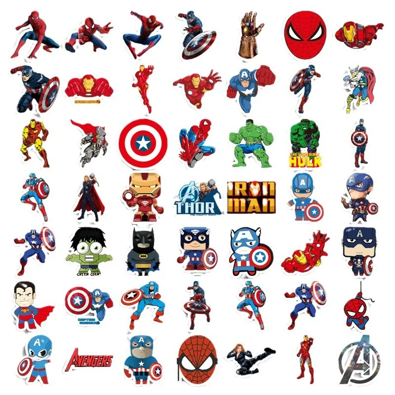 50PCS Disney Avengers Cute Super Hero Cartoon Stickers Graffiti Decals Laptop Car Bike Toy Sticker for Kids Spider Hero Birthday