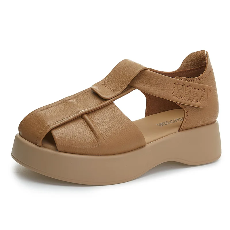 

5 см модная летняя обувь в стиле ретро, женские сандалии на танкетке, повседневные сандалии ручной работы из натуральной кожи на полой платформе, женские черные, коричневые