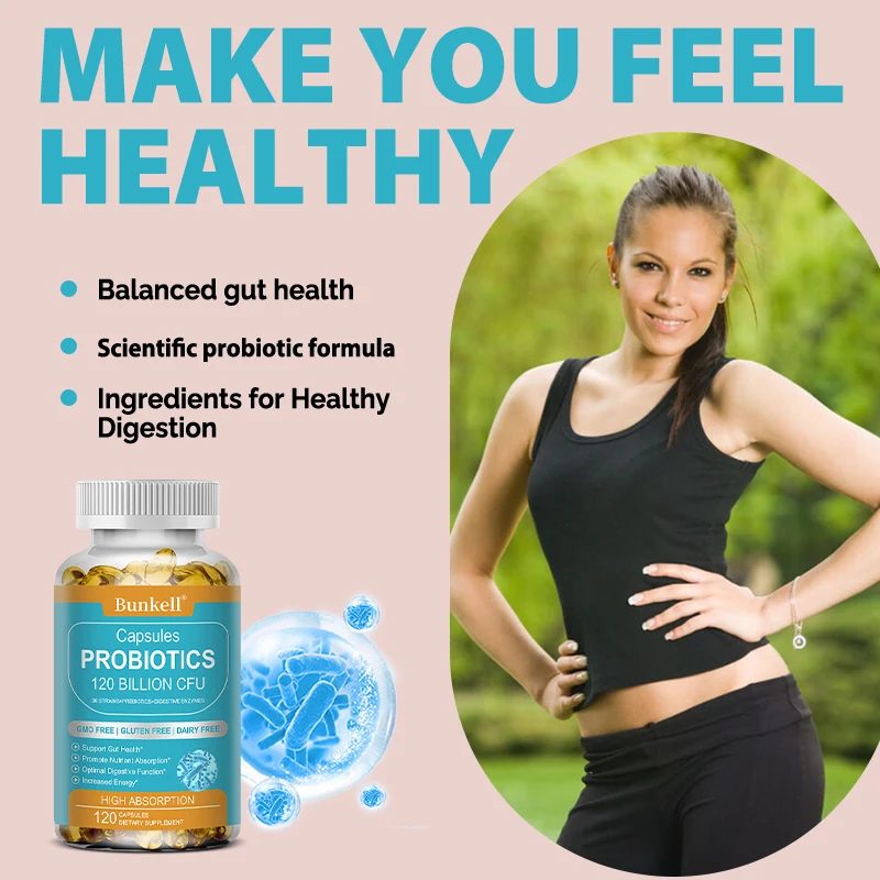 

Bunkell Probiotic Supplement - 120 Billion CFU - Promotes Nutrient Digestion, Prebiotics & Digestive Enzyme Vegetarian Capsules