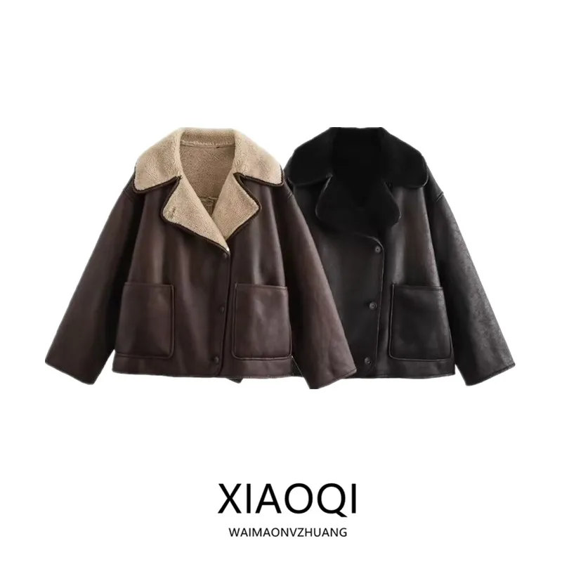 

Двусторонняя куртка с отложным воротником и длинными рукавами, новая осенне-зимняя женская модная модель свободного кроя стандартной длины