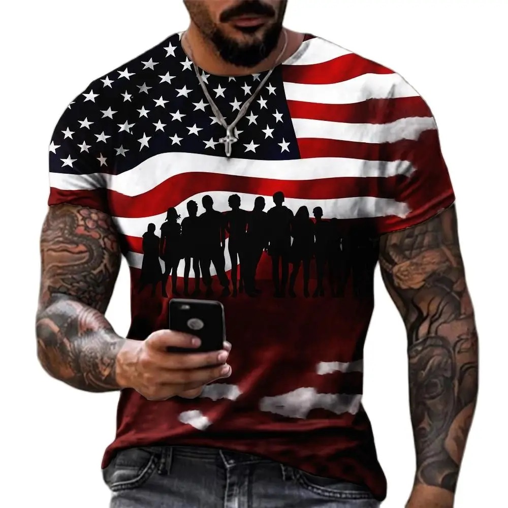 Men's American Flag Stripe Harajuku Creative 3D Printed Short Sleeve Summer Lightweight Quick Dry Sports Large Size T-Shirt Top