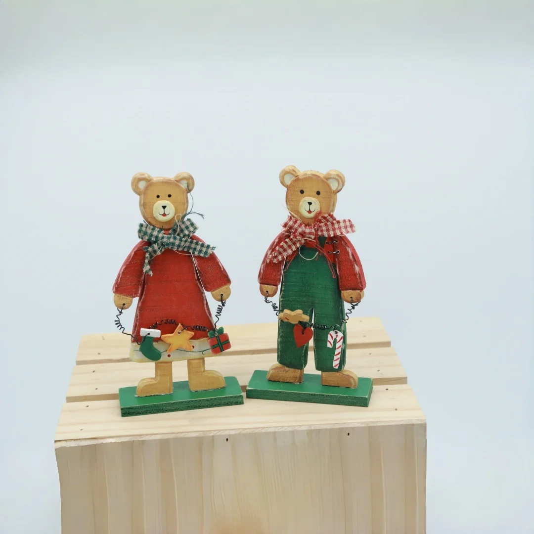 

2pcs Rustic Wooden Bear Figurine Standing Vintage Style Handprint Holiday Decor Ornament