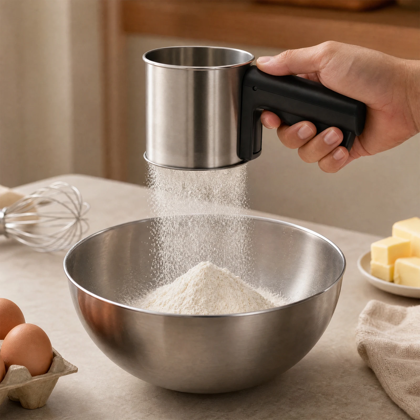 Flour Sifter Handheld Stainless Steel Fine Mesh Squeeze Sieve One Hand Press Baking Sifter for Flour Gluten Free Flour Cocoa