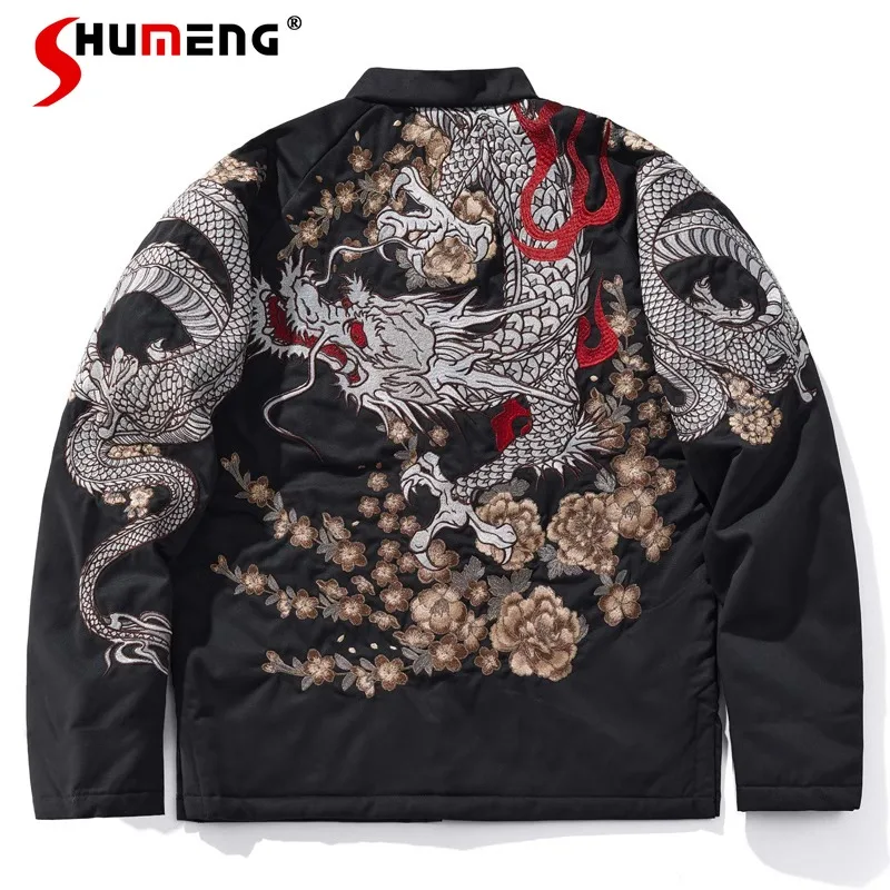 New Dragon Year Buckle Machine Embroidery Coat Jacket Men's Black Top Chaquetas Cartoon Embroidery Retro Unique Design Outwear