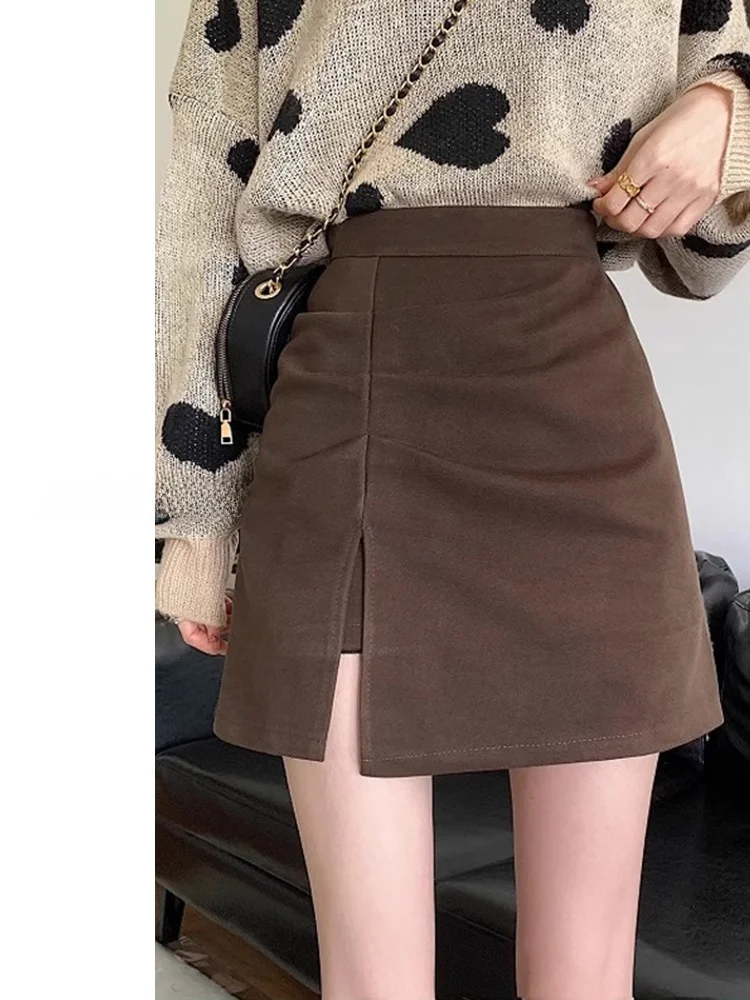 

Юбка-трапеция с высокой талией для женщин из шерстяной ткани с разрезом в Корейском стиле, однотонная юбка