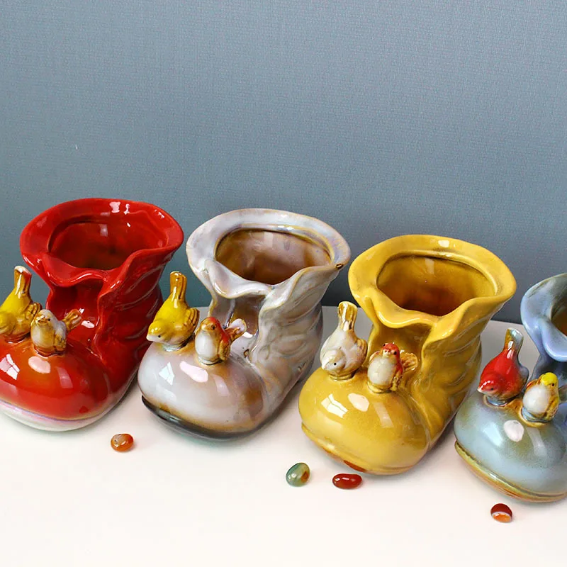 Creative pastoral ornaments ceramic handicrafts small boots rabbit bird shoes succulent flower pot flower insert pen holder