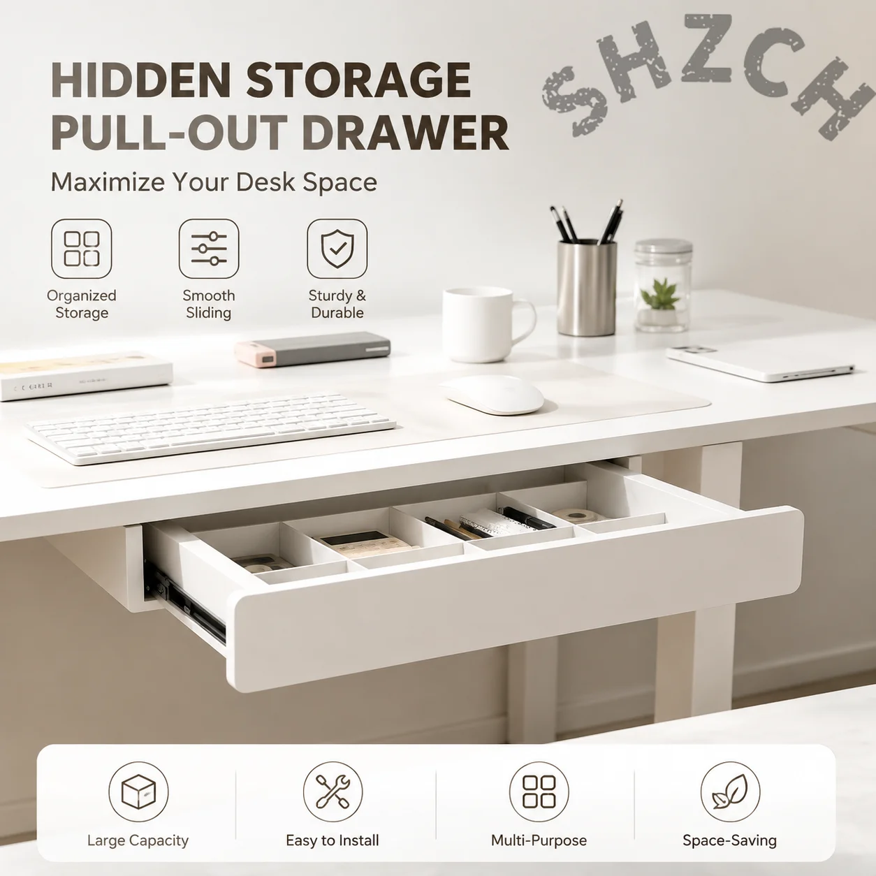 Under-Desk Wooden Drawer Organizer with Smooth-Glide Rails for Height-Adjustable Desks