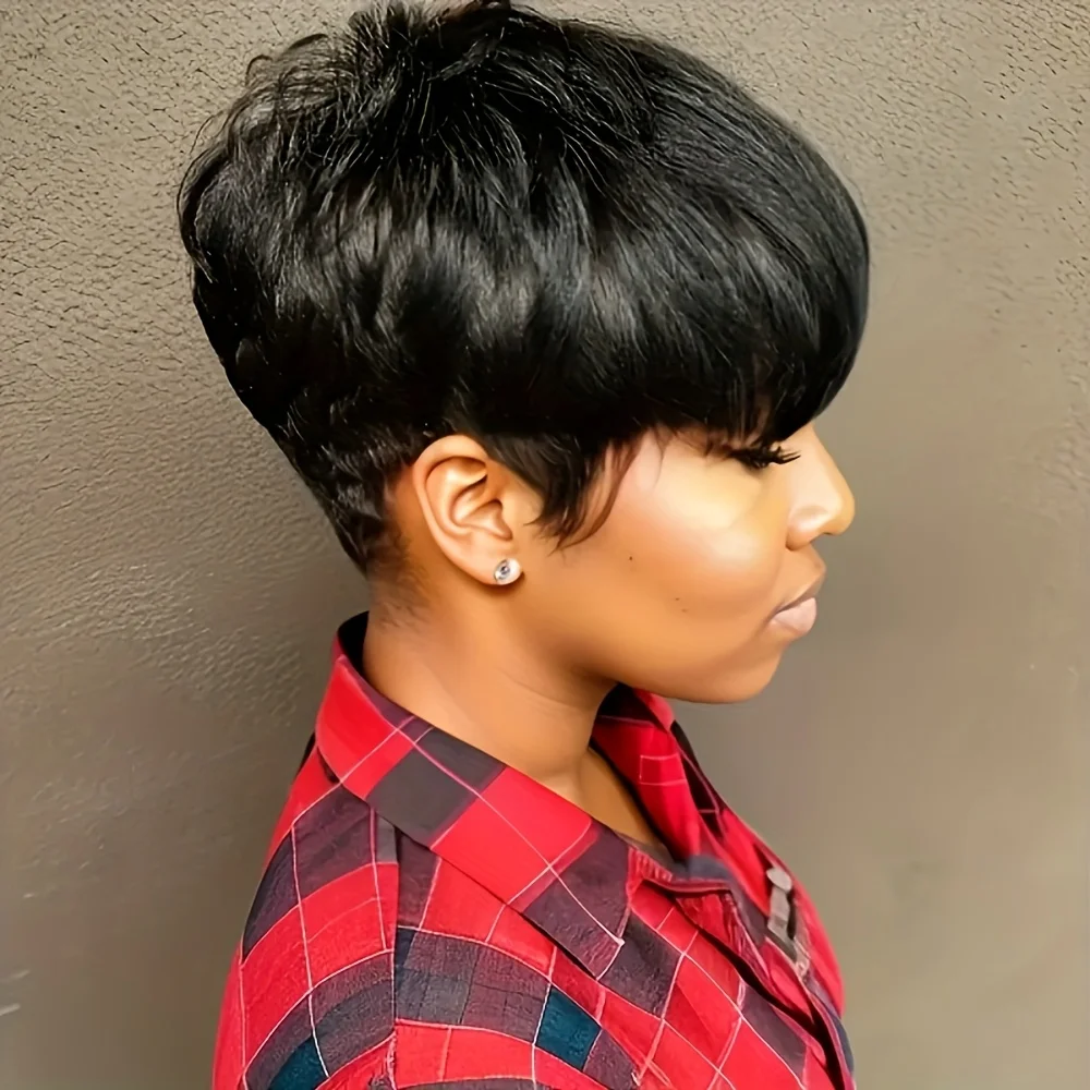 4 # 99J/1Bカラーのピクシーカットストレート人毛ウィッグ、女性用フルマシンメイドウィッグ、ショートレイヤードストレートウィッグ（前髪付き）