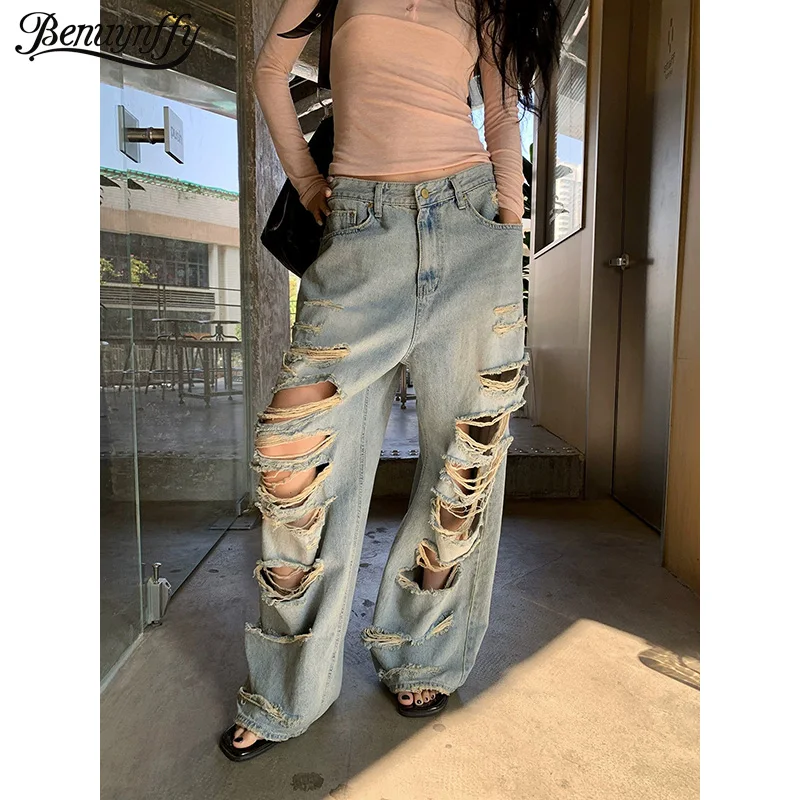 

Benuynffy Bf Style Ripped Hole Jeans for Women 2026 Spring Summer New Streetwear Vintage 2000s Loose Wide Leg Denim Trousers