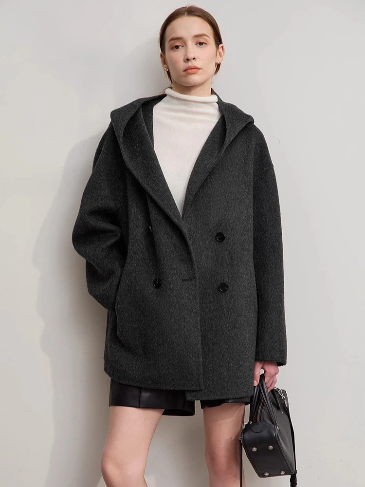 

Amii Women's Coat 2025 Winter New Solid Hooded Double Breasted Wool Jacket For Woman Warm Versatile Loose Coat Ladies 12544043