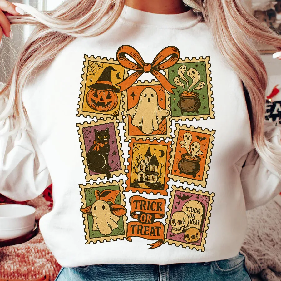 Vintage halloween gato fantasma feminino preppy diy ferro-em transferência de calor adesivo decalque camisetas moletom saco roupas festa decoração