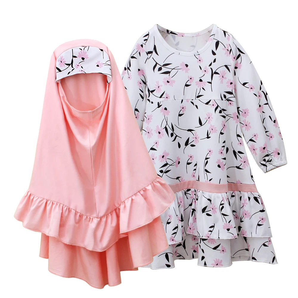 Muslim Girls Spring and Autumn Long Sleeve Round Neck Dress + Headscarf Two-piece Children\'s Clothing