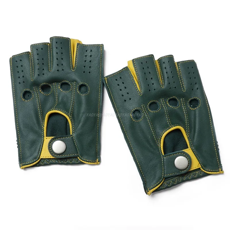 High Quality 2024 New Half Fainger Men Genuine Leather Gloves Goatskin Gloves Male Dark Green BiColor Breathable Driving Mittens