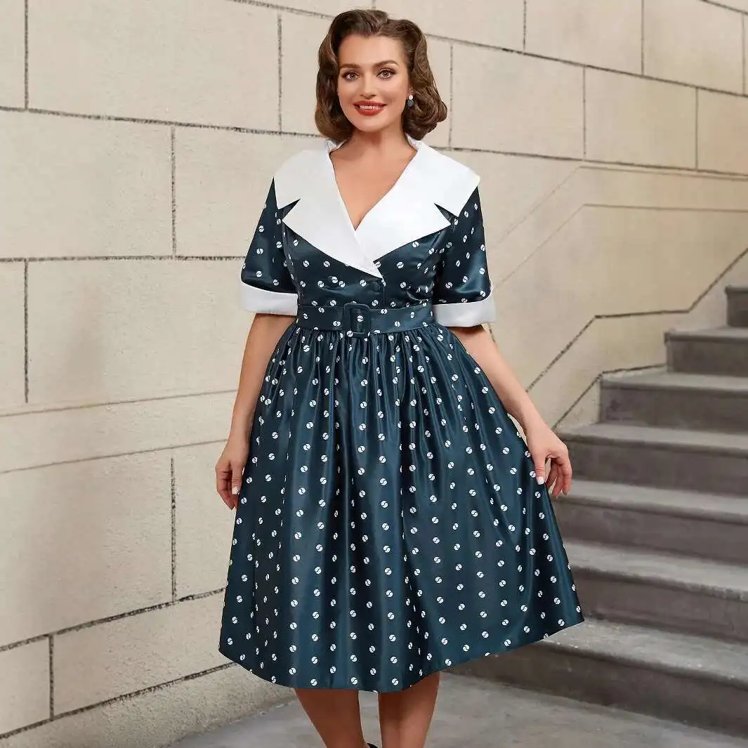 

Plus Size Wedding Dress Satin Digital Print Dress Turn-down Collar Short Sleeve A-line Vintage Dress Navy Blue Dresses Y2k