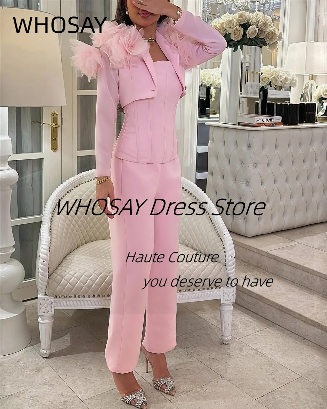 WHOSAY 3 pièces robes de bal sans bretelles fleurs manches longues vestes robe de soirée pantalon costumes fête de mariage tenue de femme personnalisé