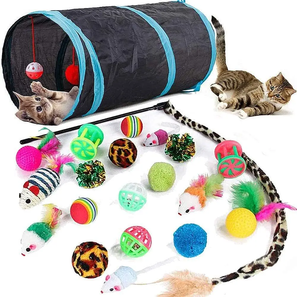 21 Pcs Cat Toys Indoor Collapsible Cat Tunnel Interactive Feather Teaser Wand Ball Toy Kitten Cats