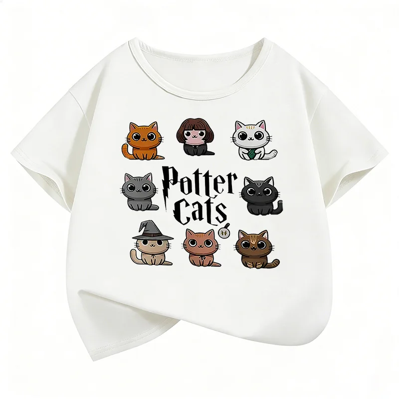 Potter Cat Graphic Kids Tshirts Summer Short Sleeve Tees Cartoon Animal Boys Girls Clothes Kawaii Tops Y2K Children T-shirt