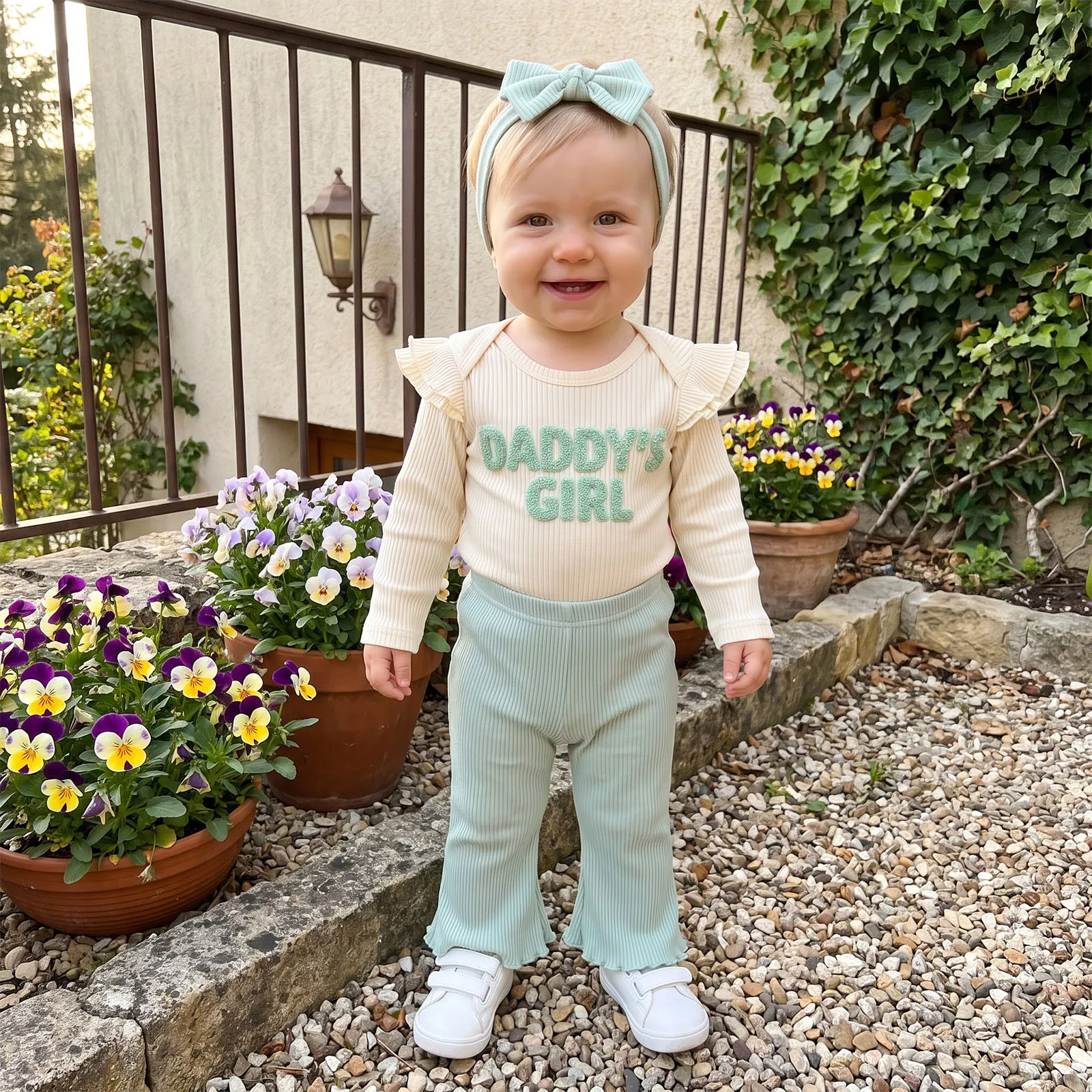 Baby Girl Fall Outfit Ribbed Long Sleeve Romper Flare Pants Bow Headband