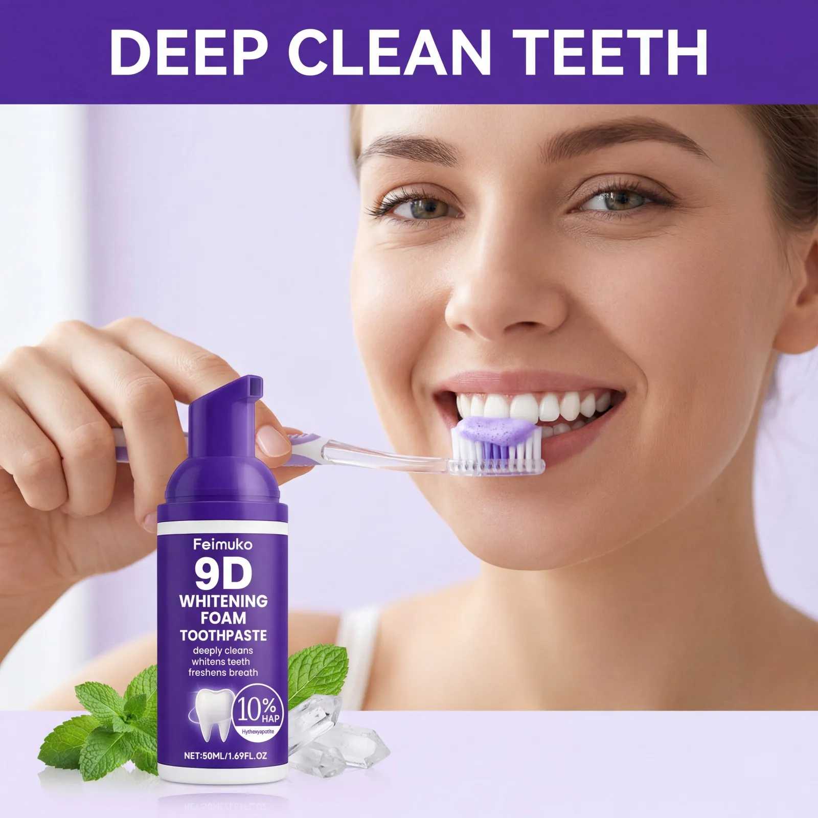 9D Purple Tooth Mousse Foam Toothpaste 10% Hydroxyapatite Fresh Breath Surface Stain & Plaque Removal Friendly Oral Gum Care