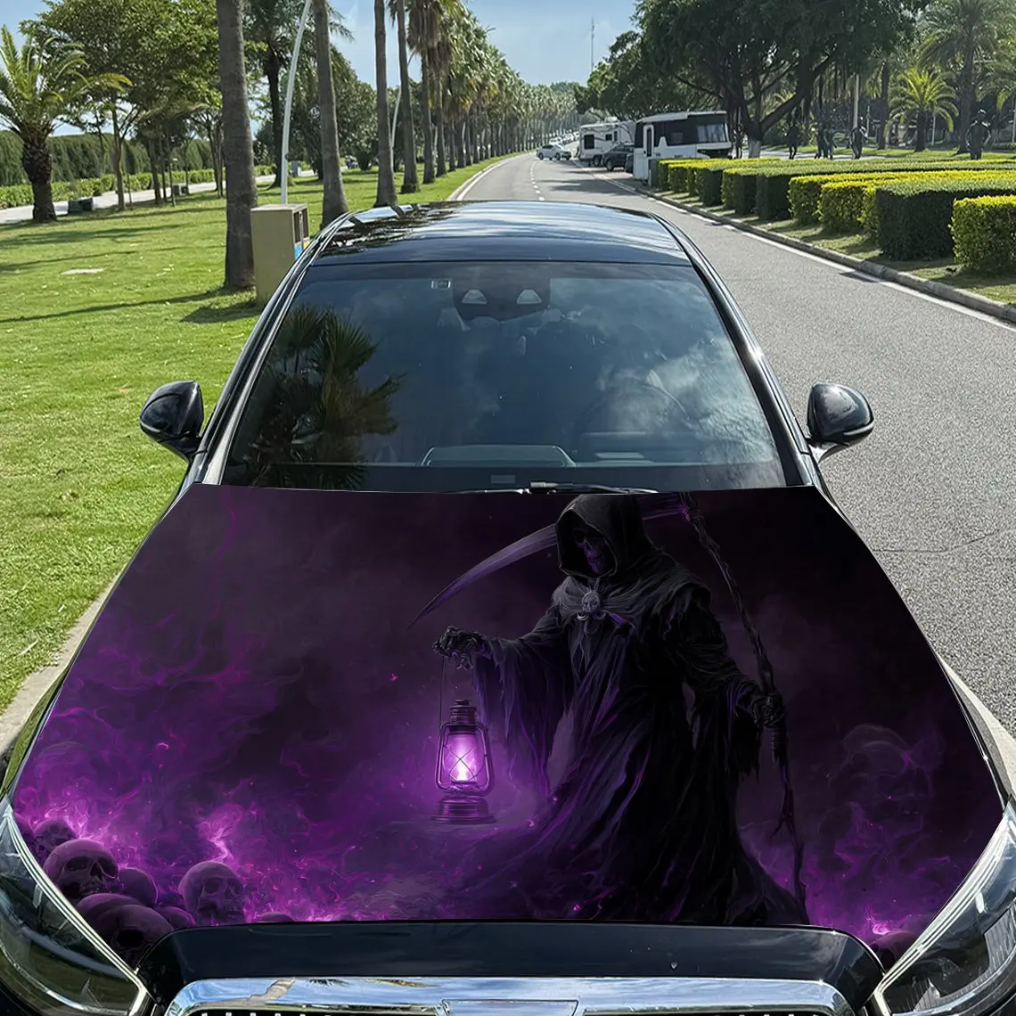 Purple-misted Lantern-carrying Reaper Print Car Hood stickers , PVC Material Multifunctional Car Hood Stickers, Scratch-Resistan