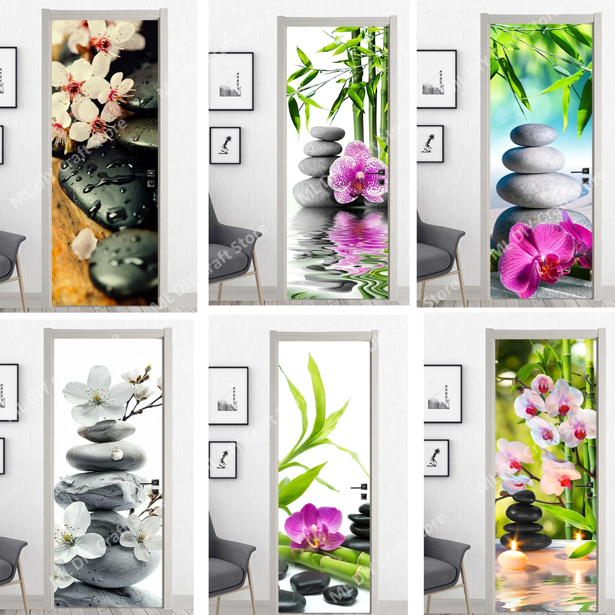 3D Door Sticker Green Zen Stone Purple Flower Art Mural Wallpaper PVC Adhesive Whole Door Package Home Decoration