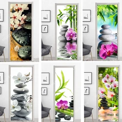 3D Door Sticker Green Zen Stone Purple Flower Art Mural Wallpaper PVC Adhesive Whole Door Package Home Decoration