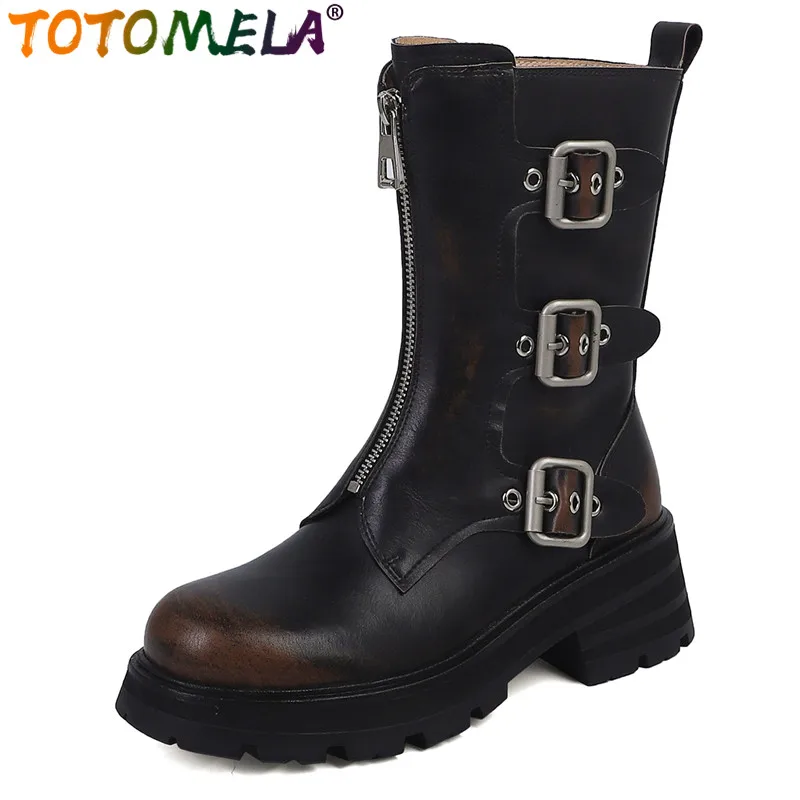 

TOTOMELA 2024 New Genuine Leather Platform Motorcycle Boots Cool Ladies Zipper Ankle Boots Square High Heels Autumn Boots
