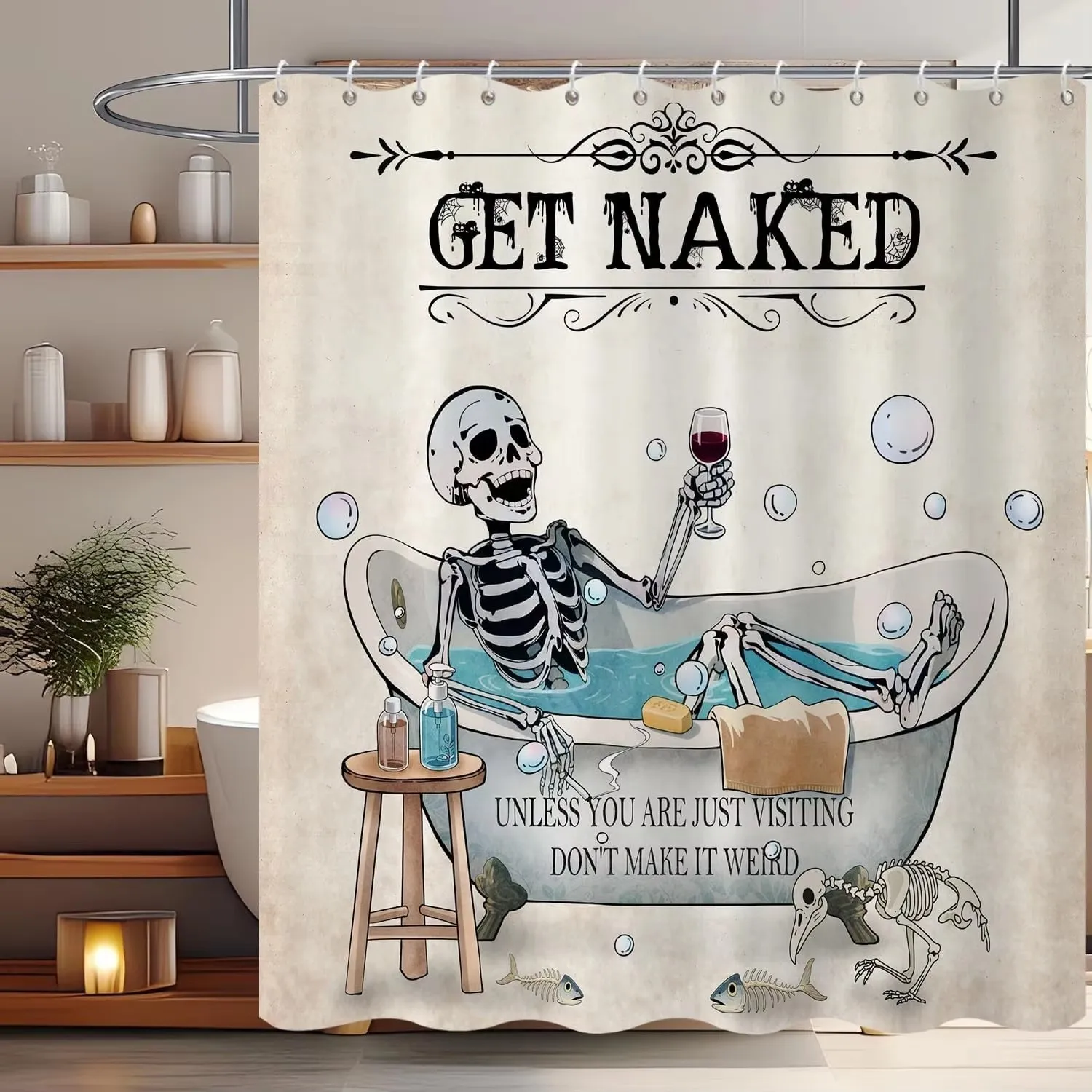 Funny Skeleton Bath Shower Curtain Vintage Gothic Halloween Bathroom Decor Waterproof Fabric