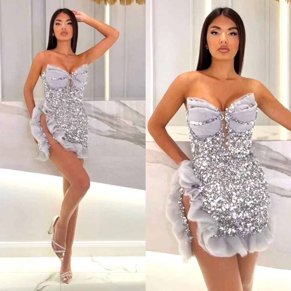 

Customized Luxury Silver Glitter Cocktail Party Dress V-Neck Side Slit Mini Short Backless Sexy Homecoming Party Evening Dress