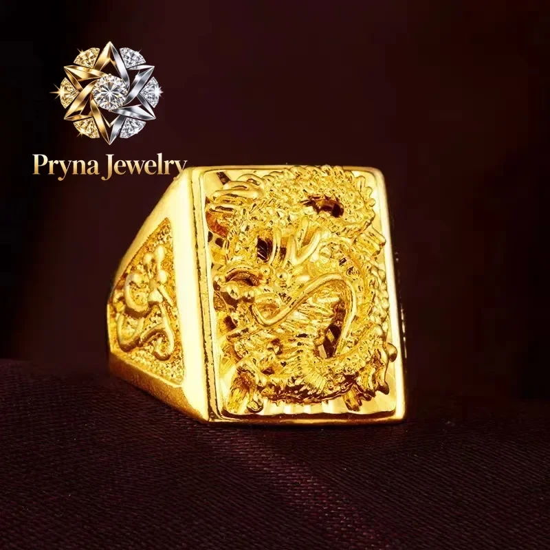 Pryna Jewelry   High - End 9999 24K Real Gold Men's Dragon Ring, Domineering Opening, Adjustable, Perfect for Dad