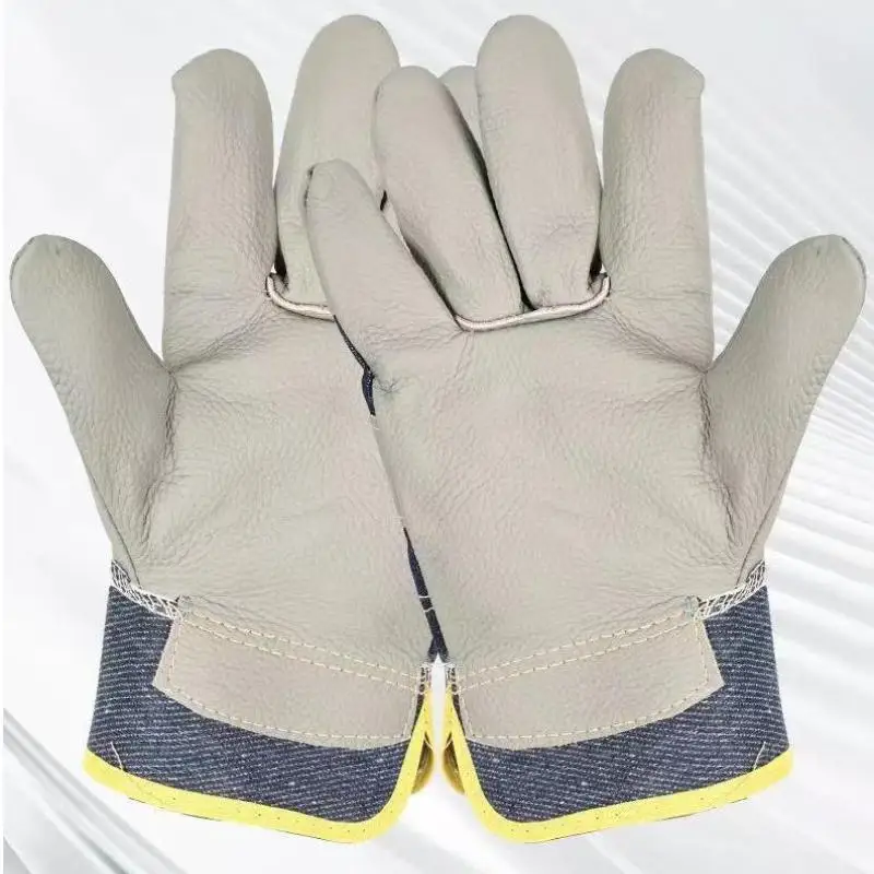 1 Pair Wear-resistant Welder Maintenance Gloves Cowhide Denim Gloves Double Thickened Protective Labor Protection Gloves