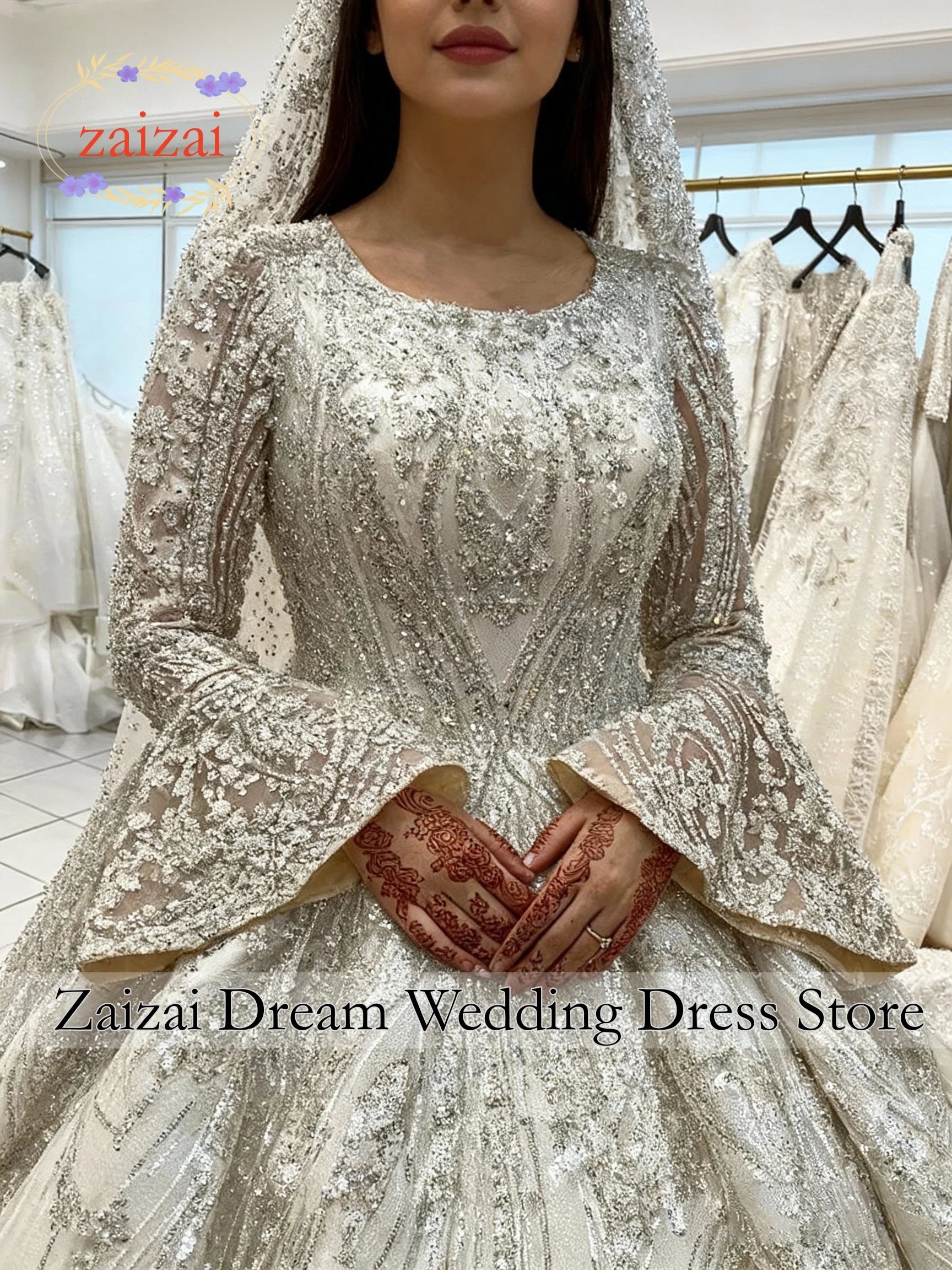 Customized Muslim Wedding Dresses Bridal Beaded Ball Gowns Middle East Bride Dresses Long Sleeve Princess Vestido De Novia