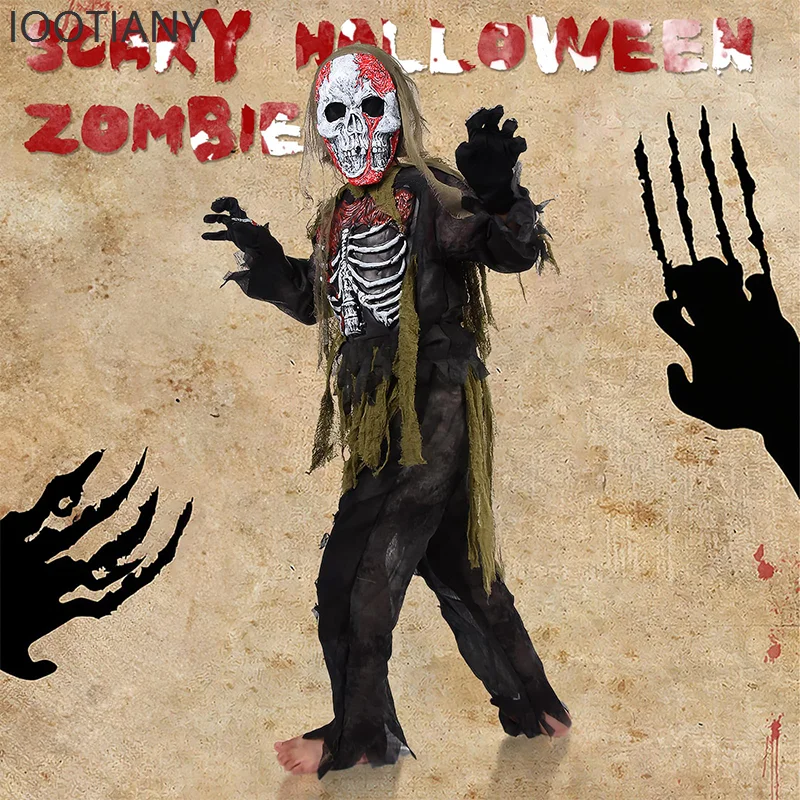 IOOTIANY 2025 nuevo disfraz de Horror para niño Burning Horror muerte disfraz de Halloween niños esqueleto Zombie Cosplay disfraz de escenario actuación