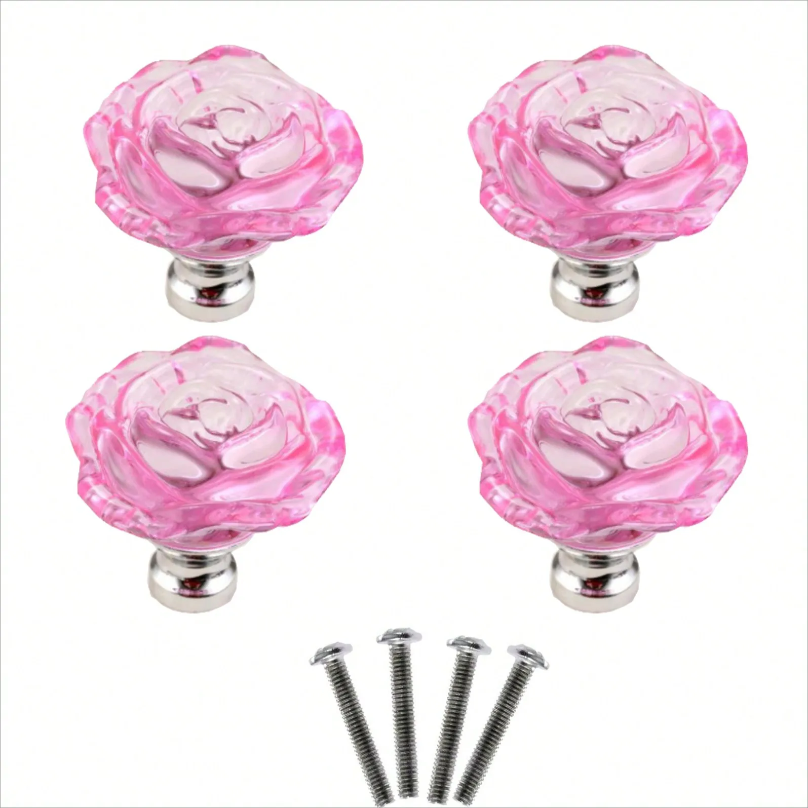 

4Pcs Pink Glass Knobs Crystal Drawer Knobs Rose Shape Dresser Handles and Pulls Home Kitchen Furniture Decoration with Screws