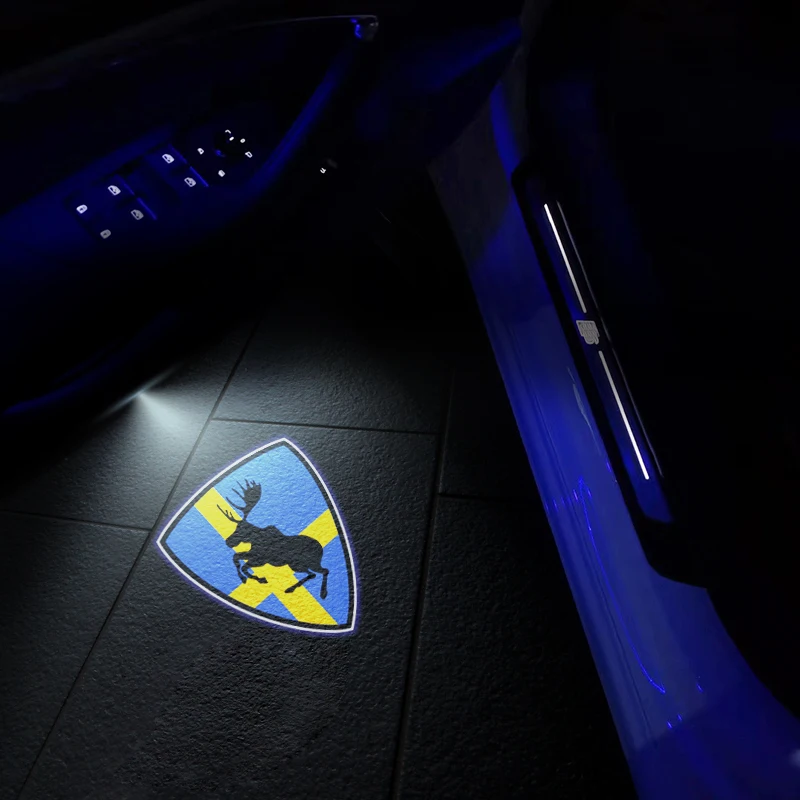 2Pcs LED Car Door Prancing Moose Elk Swedish Sweden Flag Emblem Light Welcome Lamp Wireless Projector For Volvo XC60 XC40