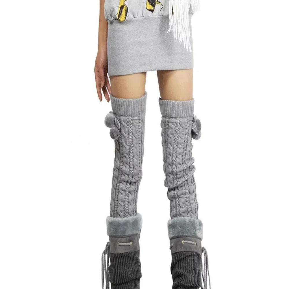 Cable Crochet Knitted Leg Warmers Thickened Extra Long Over Knee Boot Cuffs With Hairball Boot Cuff Design Long Boot Socks