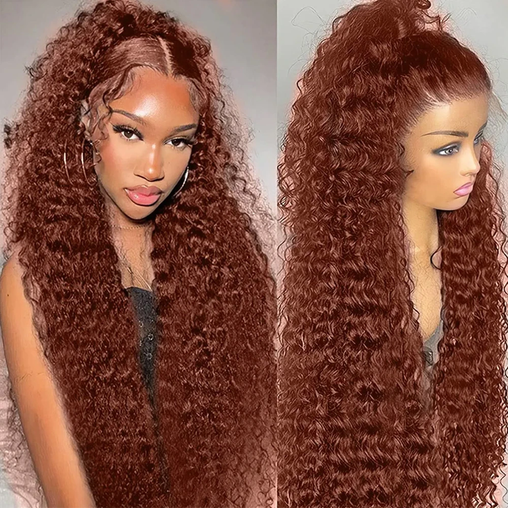 Reddish Brown Human Hair Pre Plucked Lace Front Wigs Reddish Brown Curly Wig 200% Density Brown Wig Deep Wave Lace Frontal Wigs