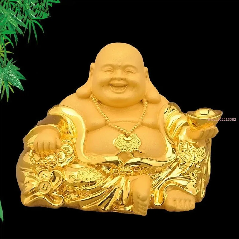 Oro fortunato Fengshui resina che ride Buddha statua buddismo soldi Maitreya scultura figurine casa soggiorno decorazione